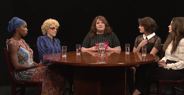 The round table featured famous actresses Marion Cotillard (Cecily Strong), Keira Knightley (Margot Robbie), Lupita Nyong'o (Sasheer Zamata), and "Debette Goldry," played by Kate McKinnon.