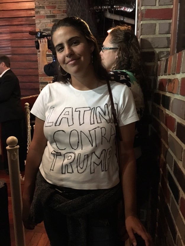 So, Annie grabbed a Sharpie and wrote the words "Latina contra Trump" (Latina against Trump) on a white T-shirt. She covered it with a sweater, then the pair headed off to the event at a local restaurant.