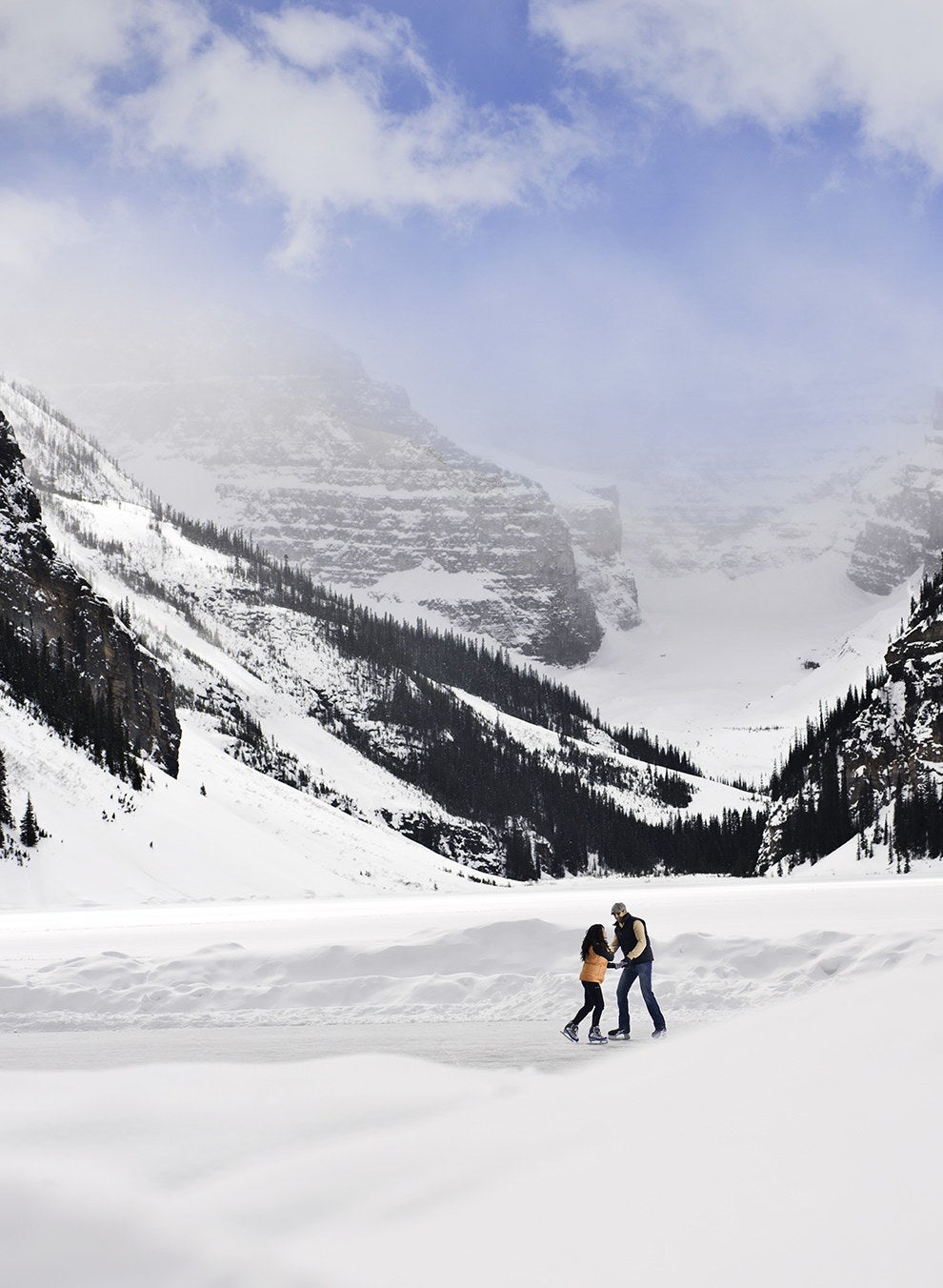 If you think Lake Louise is beautiful in the summertime, you should see the glacial lake when it freezes over in the winter!