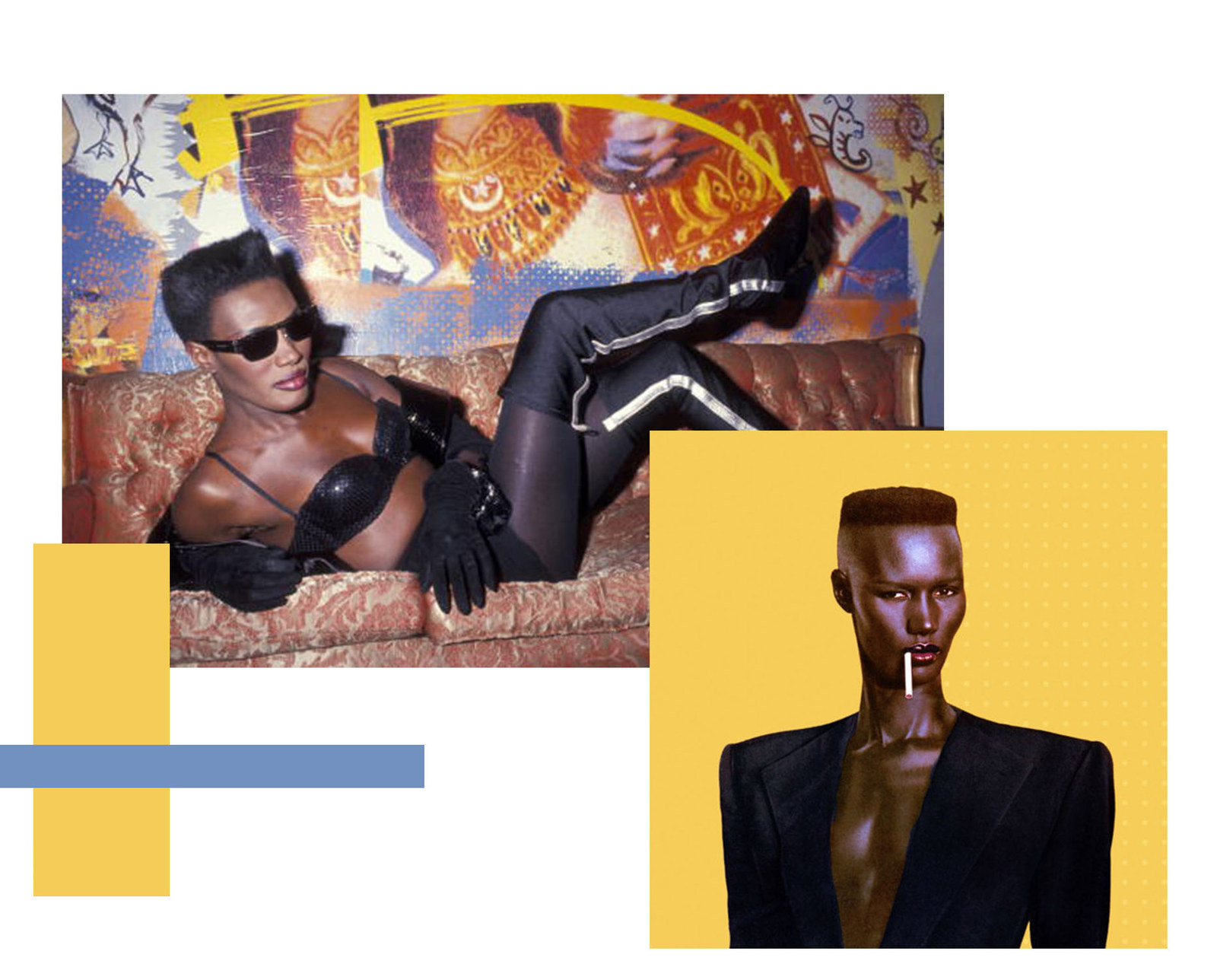 This stunning Jamaican–American singer, supermodel, and actress is noted for her androgynously fierce demeanor. Large sunnies, shoulder padded-blazer, and black gloves will put you on your way. But lets be real. No one can do Grace Jones like Grace Jones.