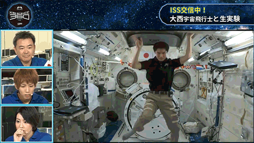 大西さん「宇宙に来て最初のころは、ふわふわと浮いてしまい自分の体をコントロールすることができないんです」でもこの動きを習得すると、無重力状態をある程度自由に泳いでいけるようになるそうです。「シンクロナイズドスイミングみたい」と黒田さん。