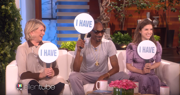 Martha Stewart, Snoop Dogg, and Anna Kendrick all appeared on the Ellen Show on Wednesday to promote their various books, TV shows, and movies, so Ellen got them to play a little game of Never Have I Ever.