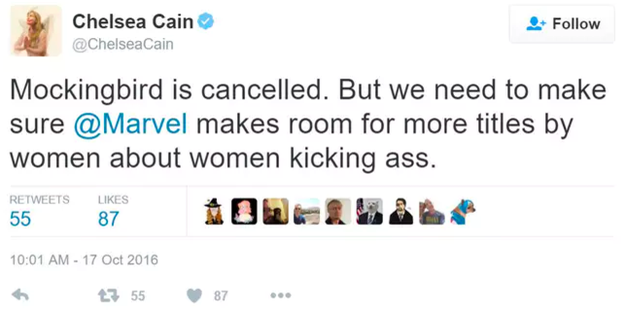 Cain shared the news via her Twitter, and also asked fans to put pressure on Marvel to produce more comics by women, about women.