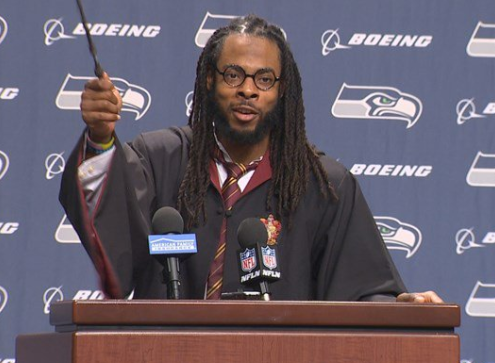Seattle Seahawks cornerback Richard Sherman showed up to a press conference Wednesday night in full Harry Potter garb, answering questions as Harry Potter.