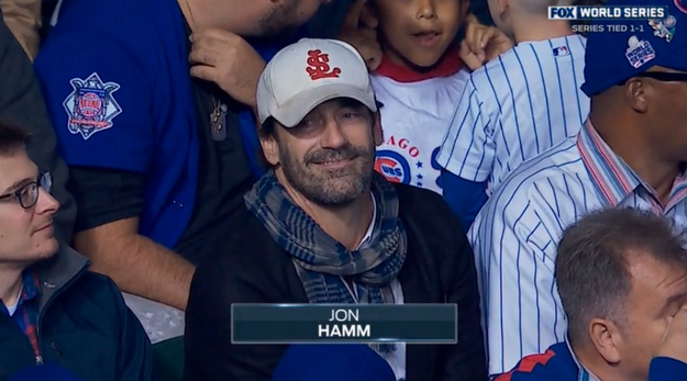 And on Friday night, during a World Series game at Wrigley Field between the Cleveland Indians and the Chicago Cubs, Hamm upped his damn game by wearing a Cardinals hat.