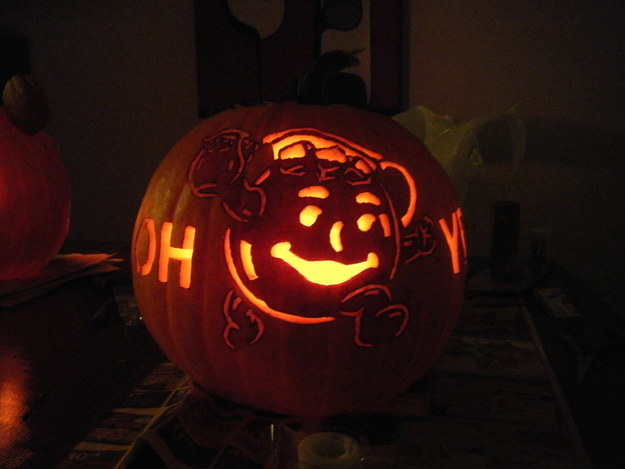 Kool-Aid Man carved into a pumpkin