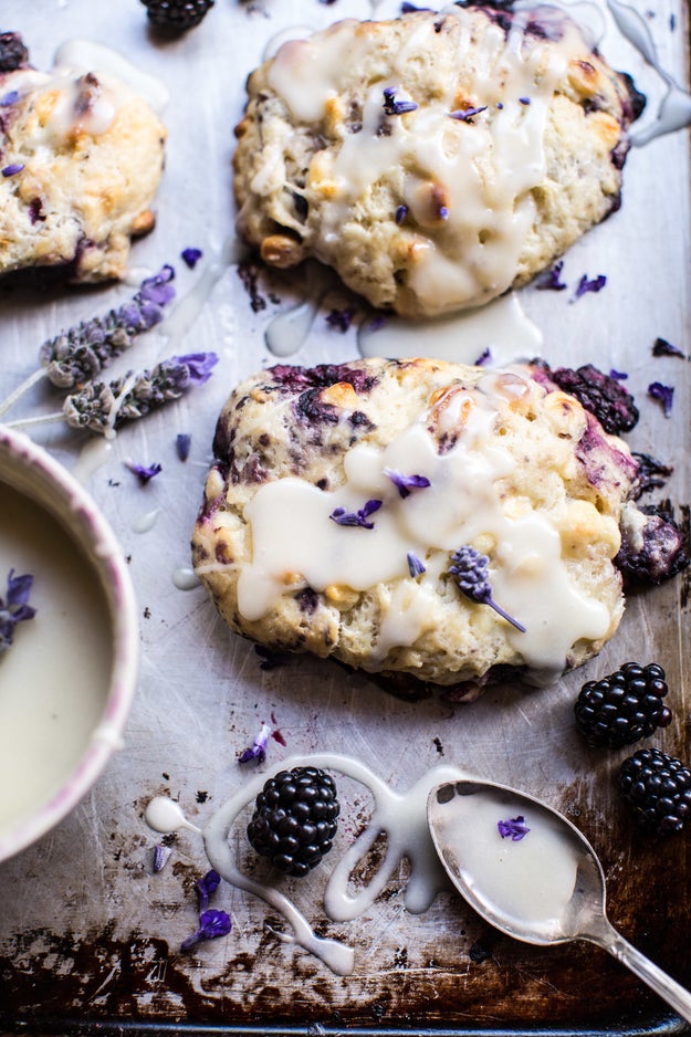 Drizzle homemade lavender glaze over some blackberry white chocolate scones, and then garnish with more blackberries and lavender flowers for an instant Instagram sensation.