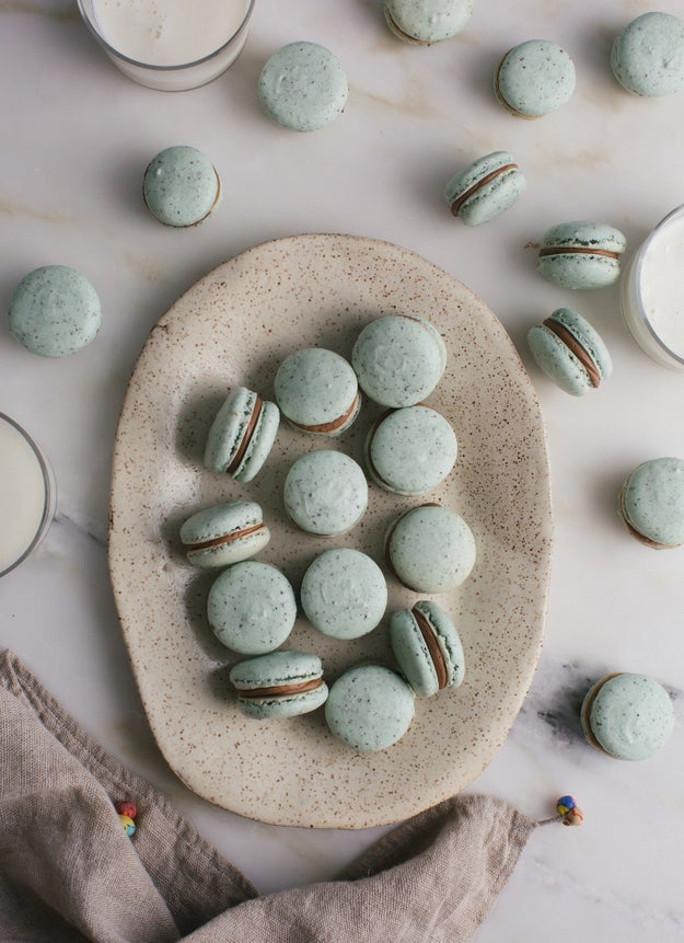 Mix together green and blue food coloring to create the most breathtaking mint-colored (and flavored) macarons ever.