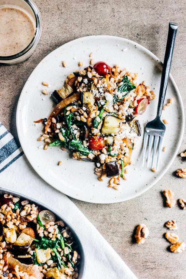 Eggplant and Caramelized Onion Grain Salad With Walnut Vinaigrette