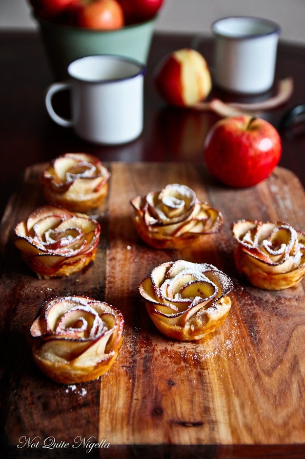 Roll up thin, warm apple slices inside layers of puff pastry to make tarts that look like legit, just-bloomed flowers.