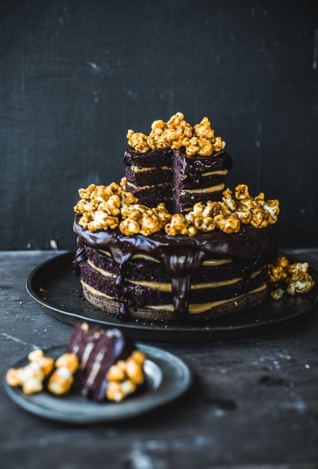 Top off a double chocolate-peanut butter layer cake with giant piles of caramel popcorn for no-effort decorations (and yumminess).