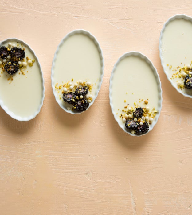 Deck out your panna cotta with a blackberry, pistachio, and white chocolate garnish for an elegant presentation.