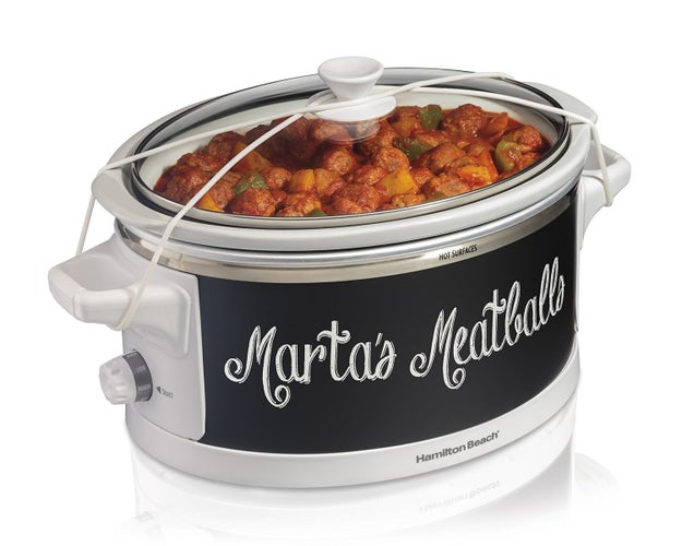 Whip up hot dishes ahead of time and keep them toasty in a chalkboard slow cooker for better ID-ing.