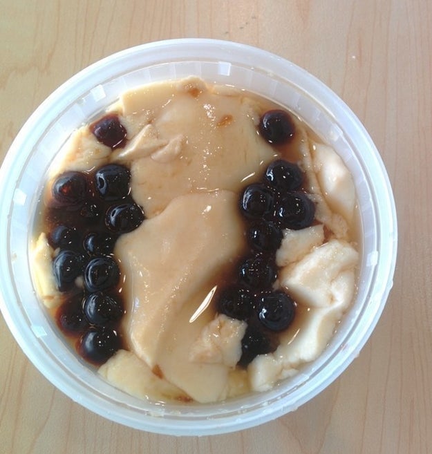 Taho, silken tofu with tapioca pearls and brown sugar syrup.