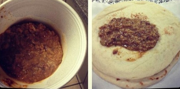 A tortilla wrap stuffed with cheese enchiladas, rice, and refried beans.