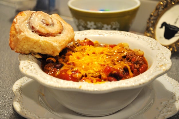 Chili and cinnamon rolls.