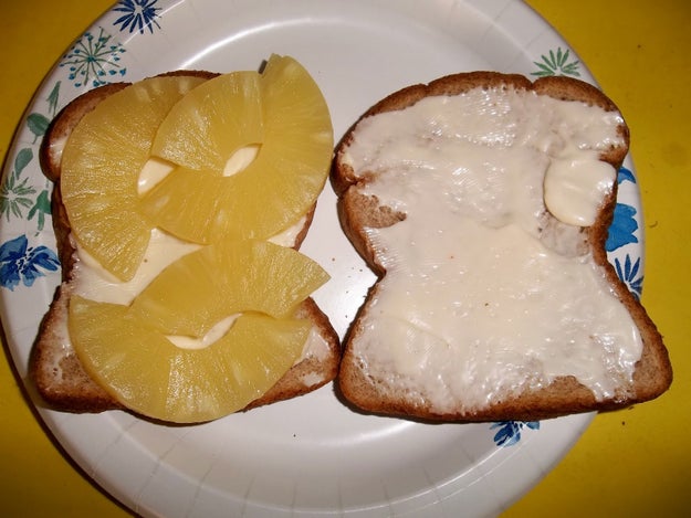 Canned pineapple slices, mayo, and cheese.