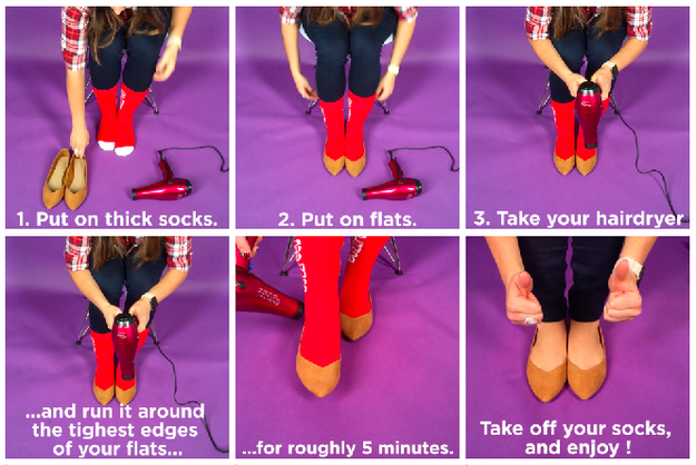 Stretch out your flats in five minutes with thick socks and a hairdryer.