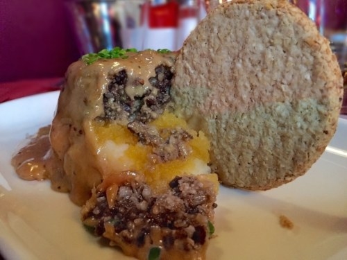 It turns out I love Haggis. Who'd've thought. It's like a meaty rice pudding. Here it is served with some mush. Haggis, neeps (mashed turnips) & tatties (mashed potatoes) can be found at most scottish restaurants.