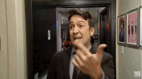 As he continued his way through the studio halls, Miranda rapped about earning his spot on the wall of SNL hosts “like Miley, Schumer, Tracy Morgan and this piece–."