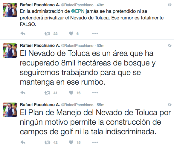 A los rumores sobre construcciones de hoteles, fraccionamientos y campos de golf, Rafael Pacchiano, Secretario de Medio Ambiente y Recursos Naturales respondió en su cuenta de Twitter.