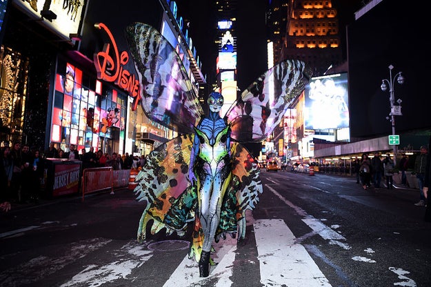 And here she is the year before, strutting the streets of New York City dressed as a gigantic, multicoloured butterfly.