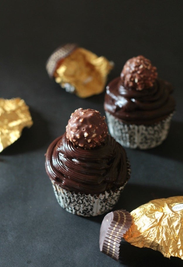 Ferrero Rocher Stuffed Chocolate Cupcakes With Chocolate Ganache Frosting