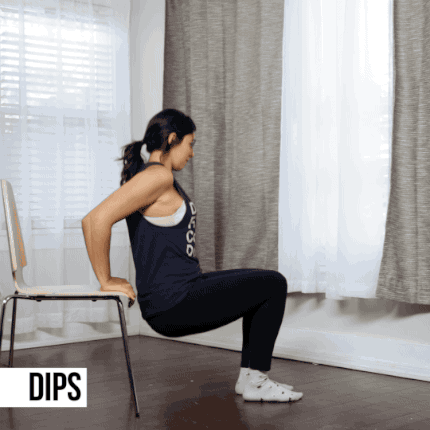 Grabbing on to the edge of the chair's seat, bring your elbows to a 90 degree angle as you lower down.