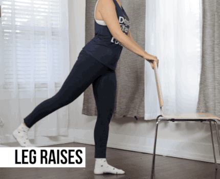 Holding on to the back of your chair for support, active your gluteus muscles and kick back with your right leg. Repeat on the left side.