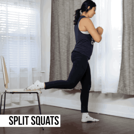 Place the top of your right foot on the seat of the chair, and come into a lunge with your left leg. Repeat on the other side.