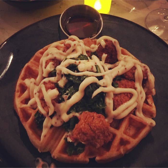 The fan-favorite chick-un & waffles is as delicious as it looks. Crispy Belgian waffle is topped with crispy, Souther-fried seitan and topped with sauteed garlic kale and maple mustard aioli for the perfect balance of sweet and savory. You can order a side of maple syrup for additional flavor.
