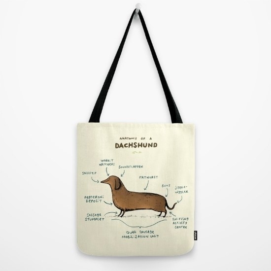 A tote that perfectly describes every part of a dachshund's body, from snout to tail.