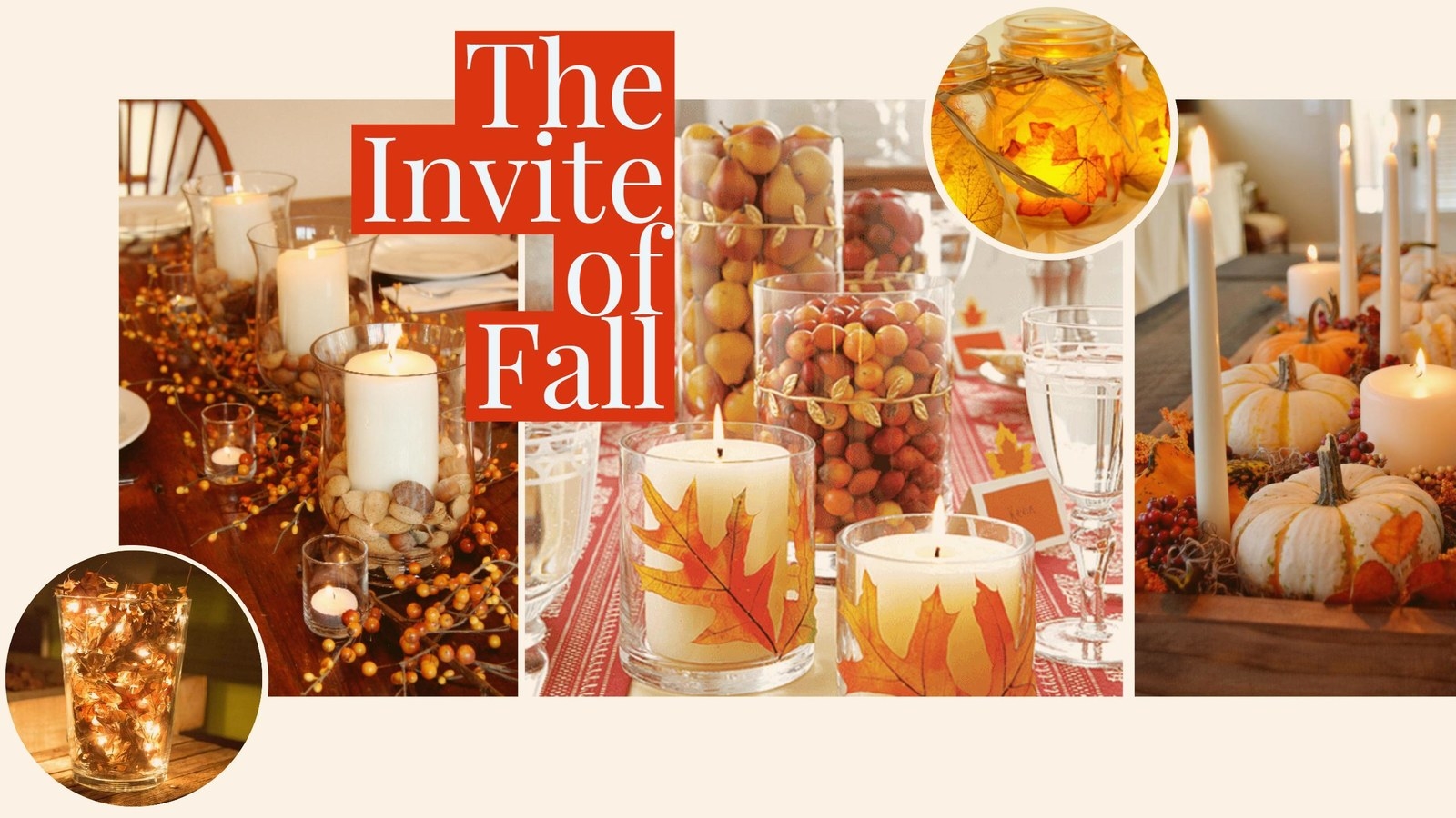Since Thanksgiving sets in a beautiful and romantic season, decorations for table witness the brilliant Fall shades of red, orange, golden and amber.Color combination: Red, orange, yellow accompanied by white hue.Elements recommended:Orange or white pumpkins or gourds, fall leaves, ilex berries, small pears, crab applesHighlight: 1. White or red candles; 2. Warm hue string lights are safer and more fairy options if your have children around. Just put them in a jar mason or a vase filled with fall leaves, or spread them randomly around your centerpiece.