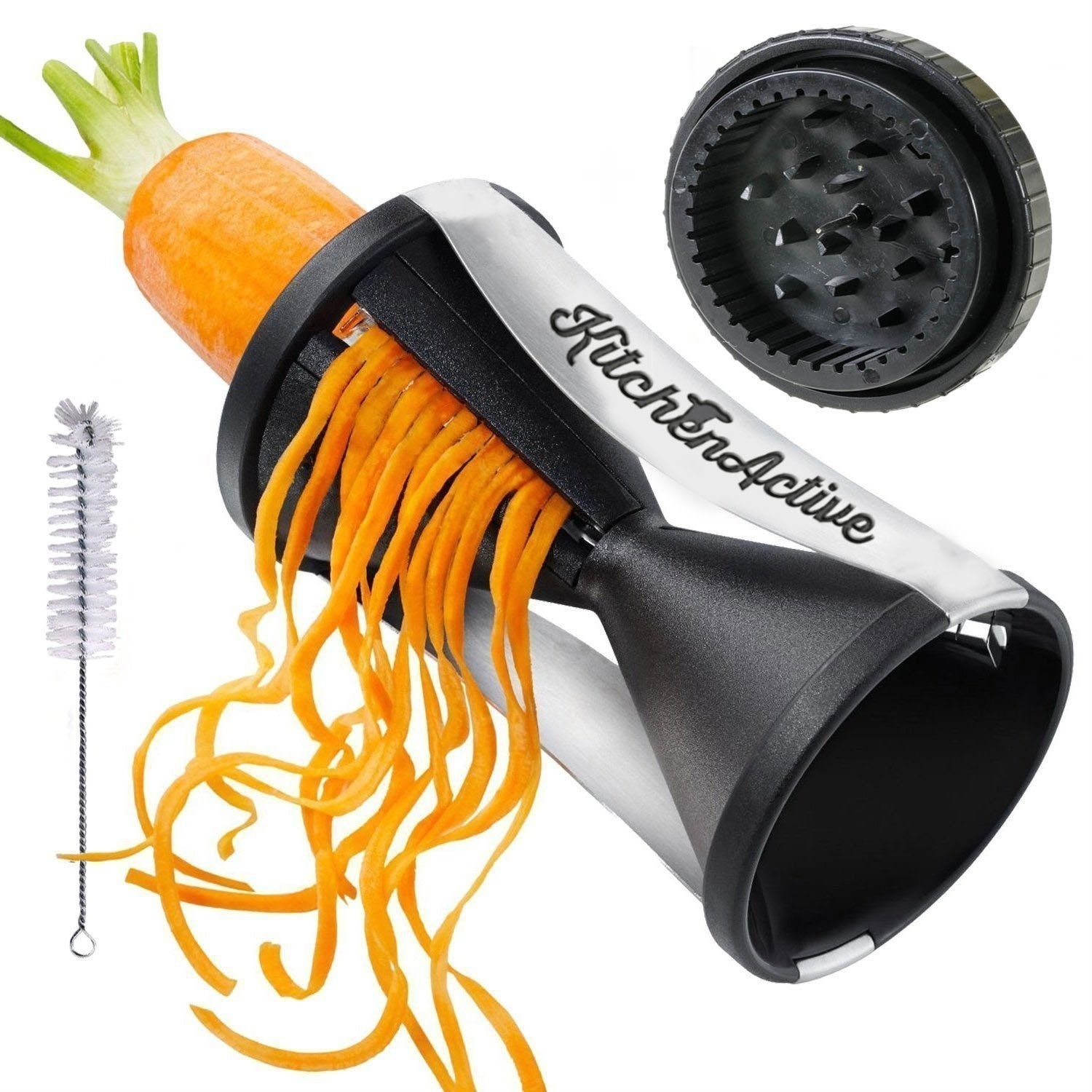 If you don't know what a spiralizer is, let me just change your life real quick. Sometimes called a zoodler, a spiralizer makes spaghetti shaped noodles out of whatever you put through it. My fave is obvi zucchini to make zucchini noodles aka ZOODLES! It's healthy, healthy, and just super yummy. The Kitchen Active Spiral Slicer is an essential gadget and has two sides - one for thicker zoodles, and one for thinner ones. A word to the wise, use the thicker setting for softer vegetables i.e. zucchini, cucumbers, etc. Otherwise they kind of turn to pulp in the smaller side. But if you're making carrot noodles or something harder, the smaller setting is perfect. The Kitchen Active Spiral Slicer is pretty classic as far as zoodlers go. I was hoping this spiralizer would solve the time old problem of what to do with the butt of the vegetable you can't quite get through the zoodler without bloodying your fingers, but no go. There is an end piece that's supposed to help, but as we feared it just didn't work. The real plus about this kitchen gadget is the little brush it comes with to actually get out all the excess veggies. Don't judge me, but usually I'd just look away and pretend I didn't see all the gunk stuck inside and that is SO not ideal.