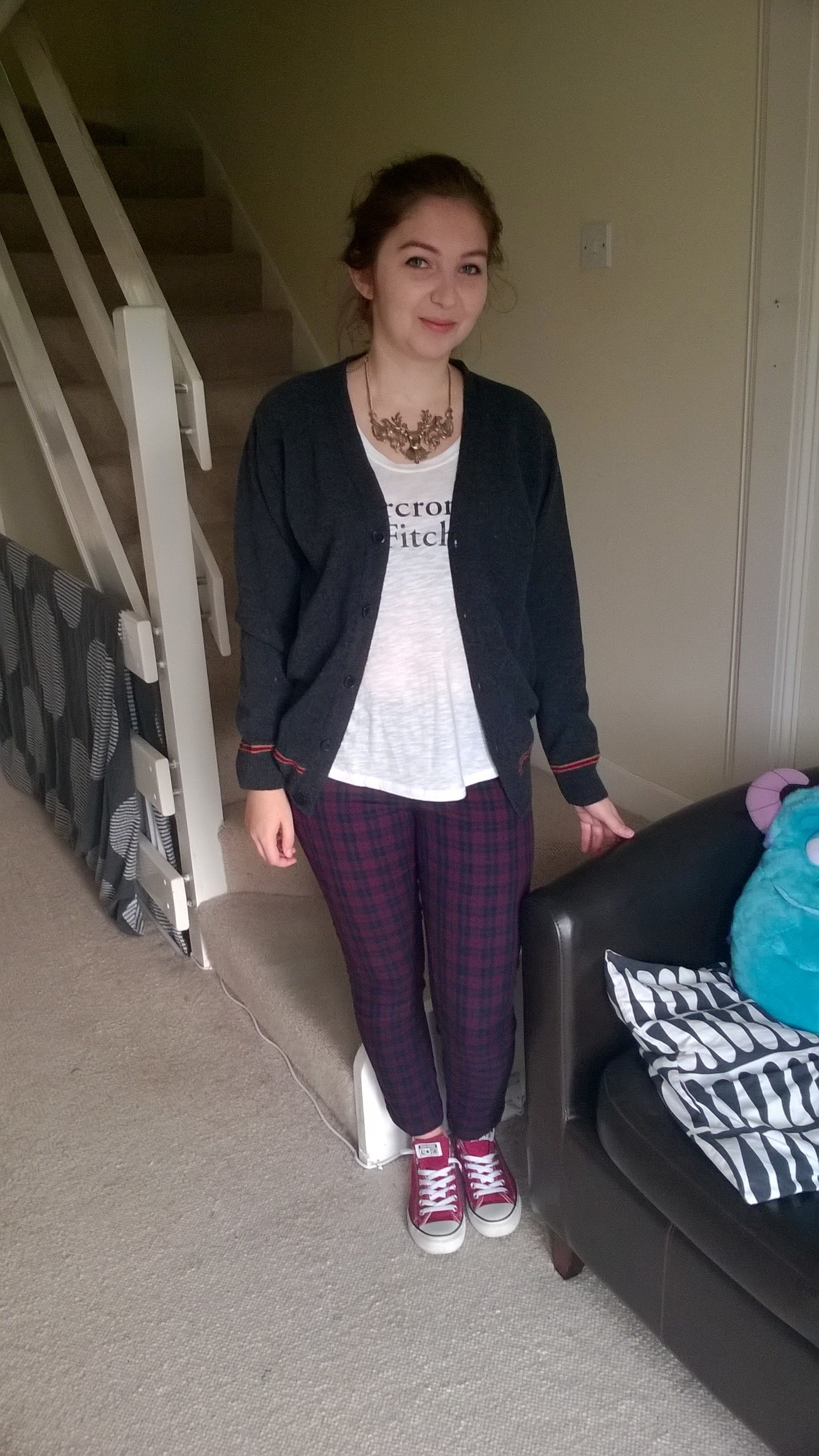 So I feel like a raging hipster in this outfit, but I totally love it. The trousers got complimented a lot by my colleagues, though they are a little tight on the hips. I was also very pleased about how well they matched with my Harry Potter cardigan, though I never would have thought about wearing them together before.Comfort 4/5Style 5/5Overall rating 4/5 Mary – “I love this outfit as it would work in any season, and the tight trousers really show off Nicci’s fabulous figure.”Jenny – “I like the trousers in this outfit, very much Nicci’s colours. This look works really well for autumn/winter and I love the quirky stag necklace.”