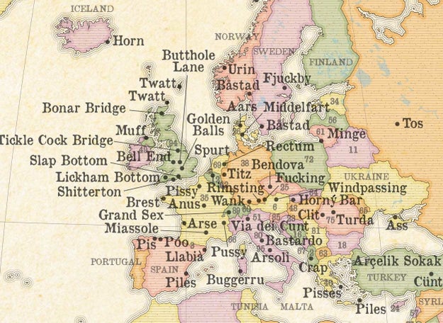 There a lot of rude place names in the world. And helpfully, someone put them all on a map. Western Europe is full of them – the UK alone has Bell End, Shitterton, and at least two Twatts.