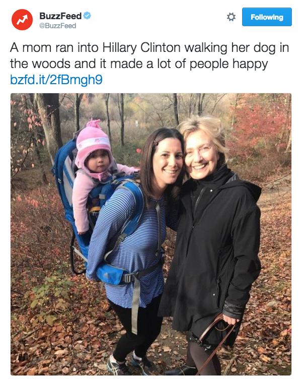 You might remember that Hillary was first spotted the day after the election, walking her dog on a hiking trail in the woods. Well, she was caught in the woods again this week.