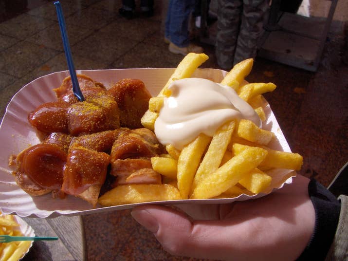 Combining two of the best foods: curry sauce and sausages. This is the perfect greasy salty drunk food, best accompanied by a big portion of chips. There's even a museum dedicated to this delightful food in Berlin!
