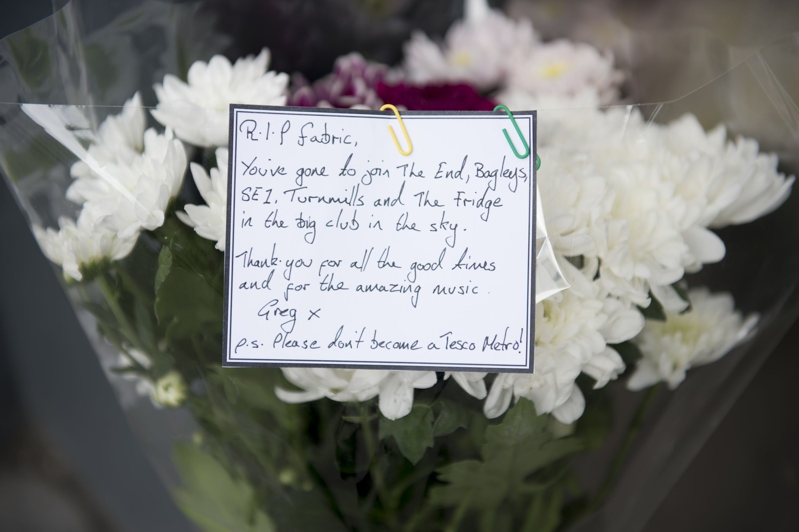 Flowers left outside Fabric nightclub.