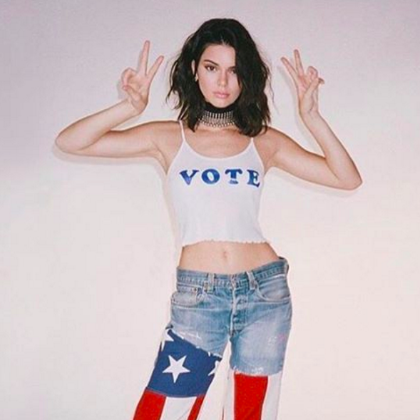 Yesterday, Kendall Jenner posted an Instagram of herself in a tank top that says "vote" alongside this caption: "her her her her."