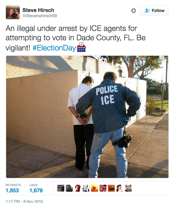 A Twitter user posted this photo on Election Day and claimed it shows an ICE officer arresting someone for trying to vote illegally. That's false.