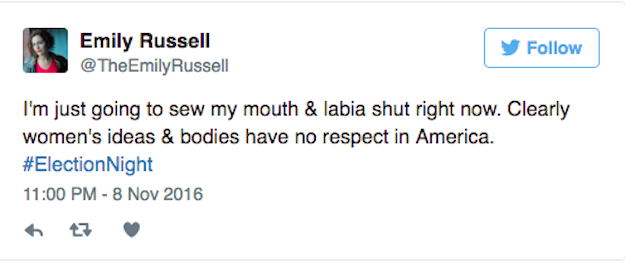 "I'm just going to sew my mouth &amp; labia shut right now. Clearly women's ideas &amp; bodies have no respect in America," said another.