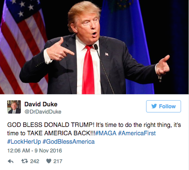 "God Bless Donald Trump," David Duke tweeted.