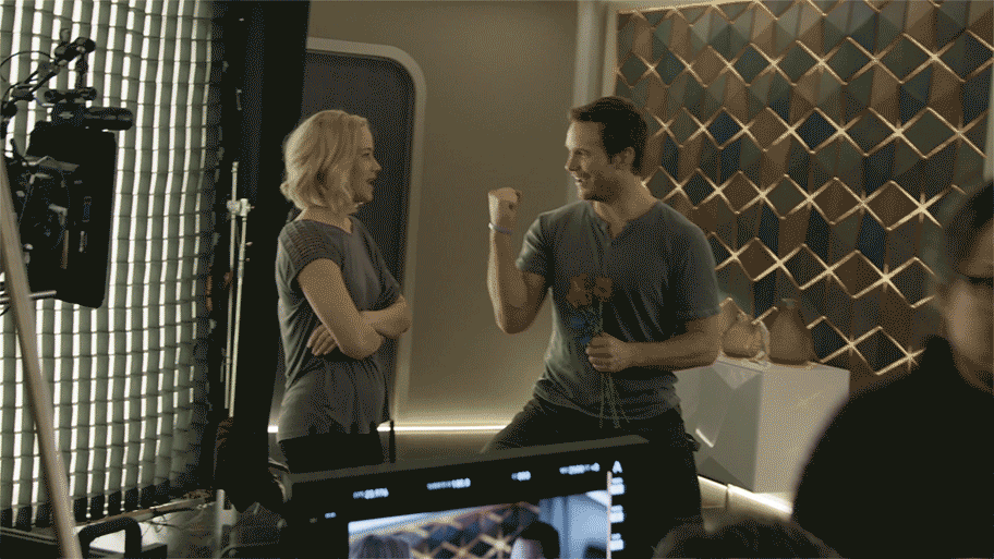 Jennifer Lawrence and Chris Pratt having some fun on the set of Passengers.