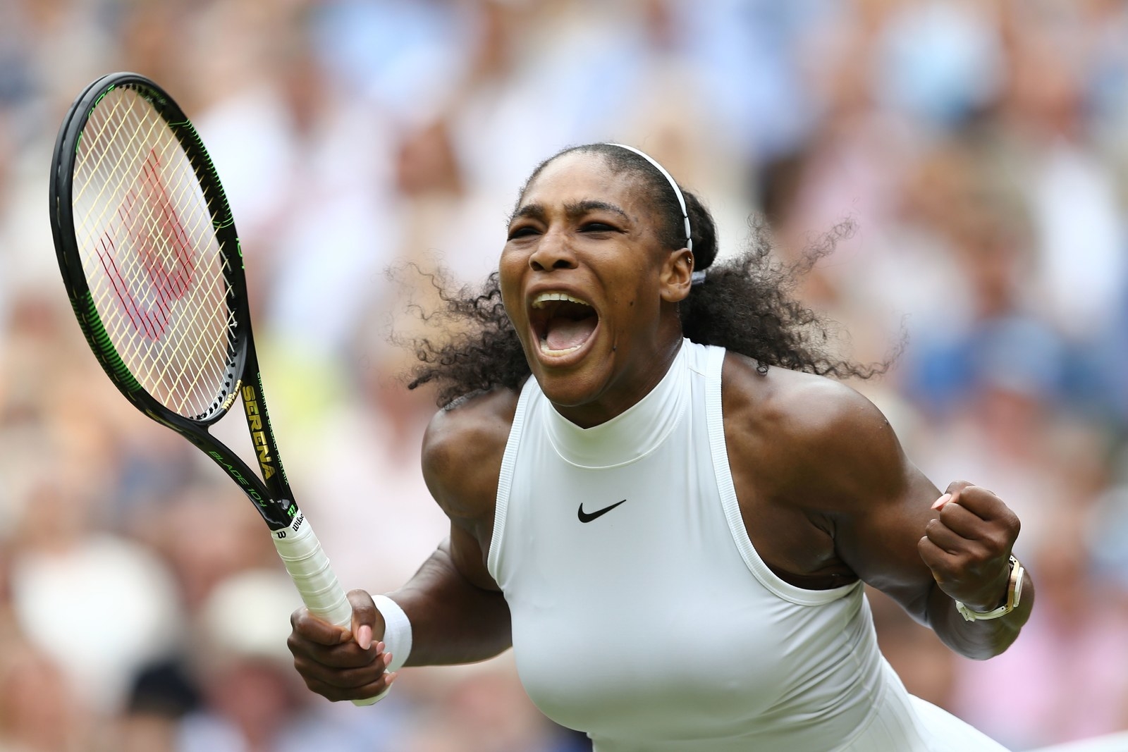Serena Williams celebrates winning the first set against Germany's Ang...