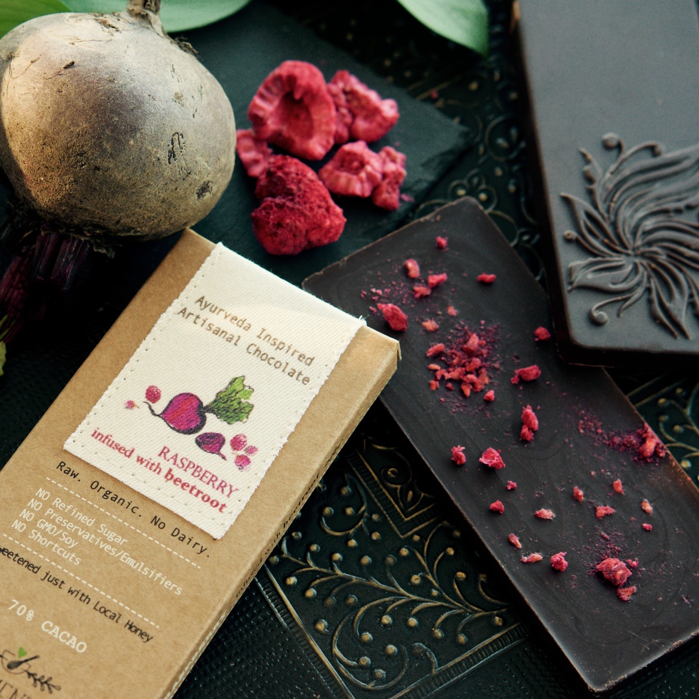 All natural, raw chocolate sweetened with honey and succulent raspberries.