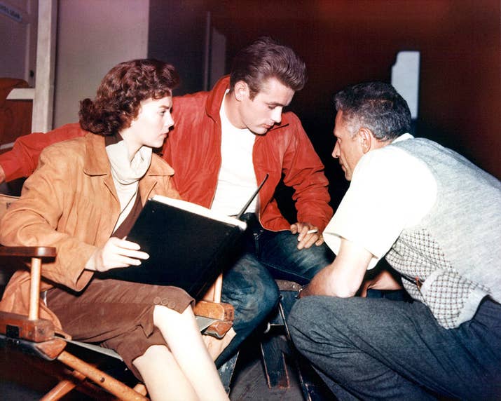 Natalie Wood, James Dean, and director Nicholas Ray on the set of Rebel Without a Cause.