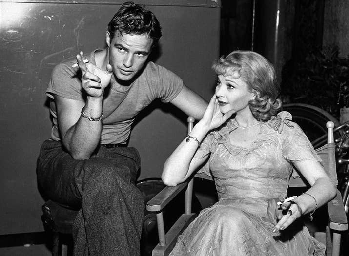 Actors Marlon Brando and Vivien Leigh relax on the set of A Streetcar Named Desire.