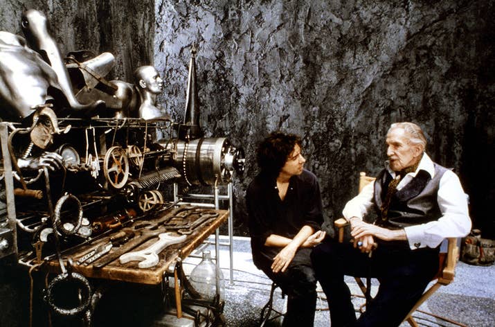 Director Tim Burton and actor Vincent Price chat on the set of Edward Scissorhands.