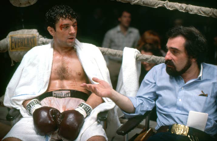 Actor Robert De Niro chats with director Martin Scorsese on the set of Raging Bull, based on the book by Jake LaMotta.